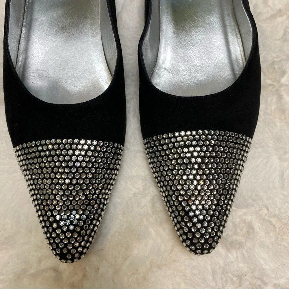 Escada Vero Cuoio Black Pointed Toe Crystal Rhinestone Velvet‎ Flats Size 39.5